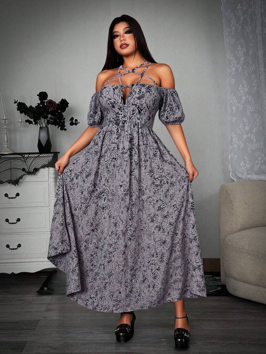 Whyspr 女式休闲朋克深色印花领口抽绳五角星 PU 配饰腰部收紧连衣裙