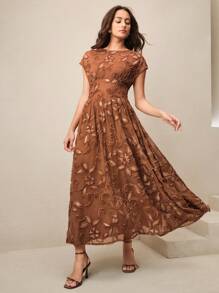 Anewsta 夏季新款复古海滩派对3D刺绣串珠亮片无袖圆领女式连衣裙 - 棕色 - 查看 5