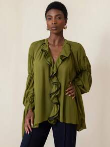 Aveloria Modichic Olive Green Blouse With V-Neck, Ruffle Trim And Lotus Sleeve Cuffs, Elegant Artistic Style & Art Casual For Autumn Walks And Cafe Chats Fall Cloth For Women - Multicolor - View 5