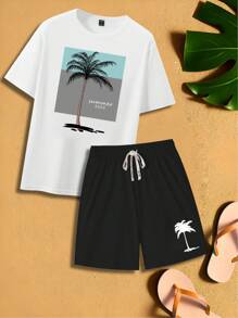 Manfinity Homme 2pcs/Set Men's Casual Round Neck Short Sleeve T-Shirt And Shorts, Daily Wear, Cozy Outfits, Holiday - Multicolor - View 2