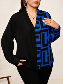 Chikora Camisa de manga larga de estilo casual de negocios para mujer con estampado geométrico de bloques de color en talla grande