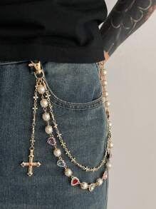 ROMWE Grunge Punk Hip-Hop Design Colorful Rhinestone Cross Waist Chain Pendant Decor Faux Pearl Ornament Chain Pants - Gold - View 3