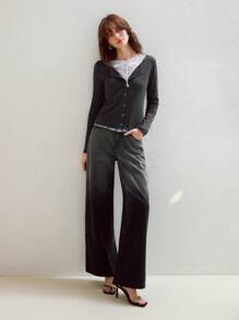 MOTF PREMIUM CONTRAST LACE BOW FRONT 2 IN 1 LONG SLEEVE TEE - Dark Grey - View 4