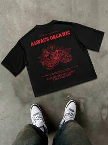 STEELVANCE 男士夏季标语和石榴印花宽松休闲短袖T恤