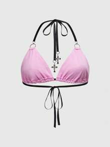 ROMWE Top de bikini color rosa pálido con impresión de estrella de rhinestone, estilo Grunge rock de festivales musicales Y2K de los años 2000 - Rosa - Ver 4