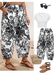 SHEIN Clasi 大码女式花卉印花口袋锥形休闲七分裤