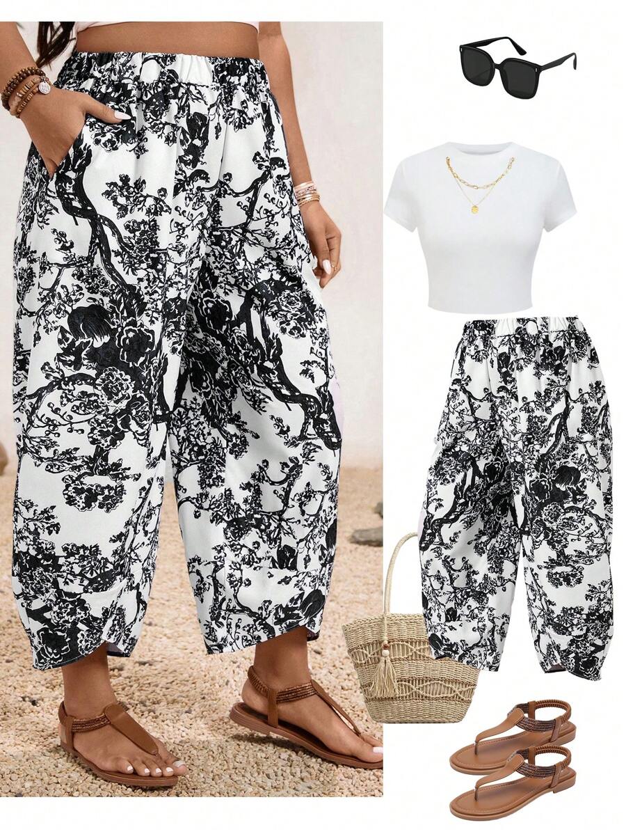 SHEIN Clasi 大码女式花卉印花口袋锥形休闲七分裤