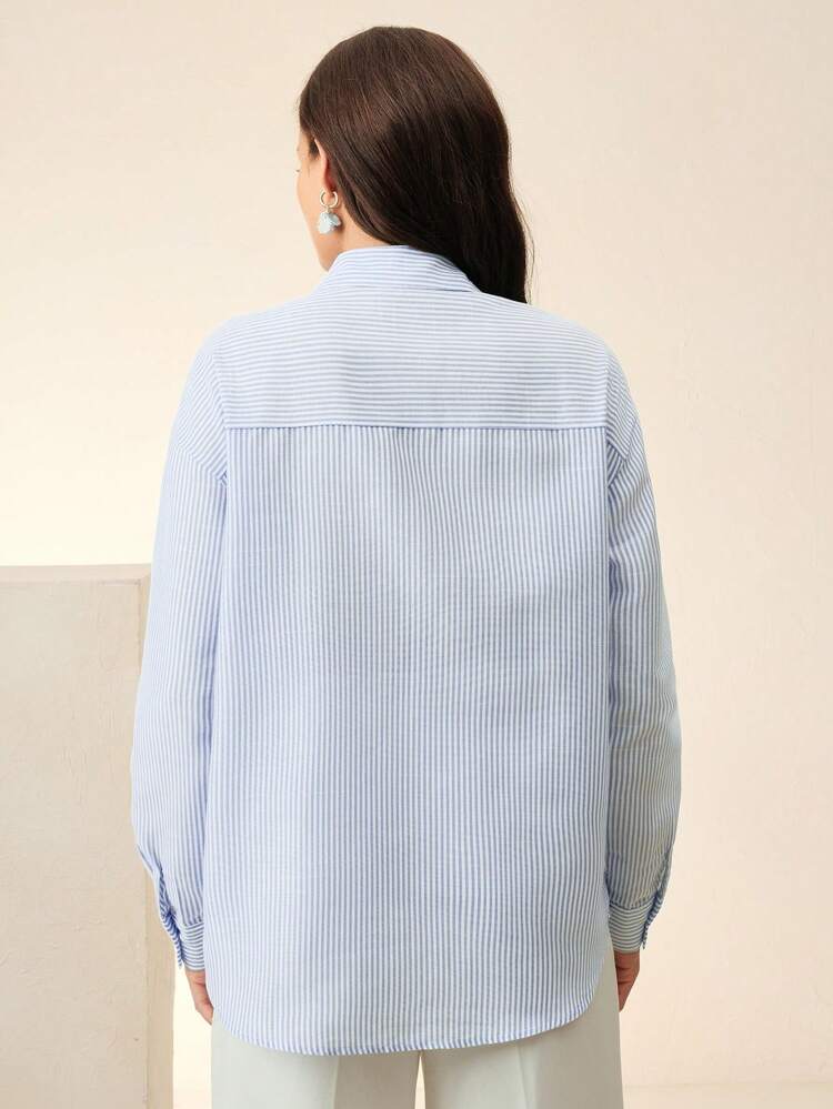 Relaxed-Fit Women's Blouse With Blue & White Striped Beaded Embellishment, Vacation-Inspired Design