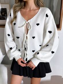 EURMUSE Women Tie Front Heart Jacquard Detailed Cardigan Summer Cardigan For Women Cute Blouses For Women Heart Print Cardigan Tie Front Cardigan  Fall Women Clothes Teacher Outfits For Women Autumn Clothes,Long Cardigans Woman,Petite Cardigans,Cardigans - Cream - View 3