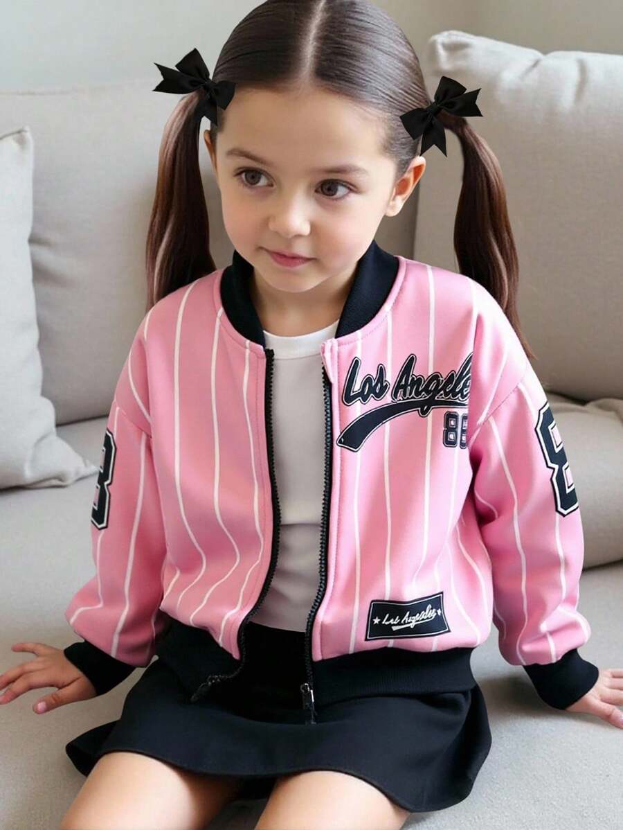 Elladie kids 年轻女孩时尚粉色条纹拉链开衫夹克,适合日常休闲穿着 - 彩色 - 查看 1