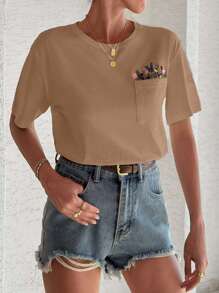 EURMUSE 100%Cotton T-Shirt With Flower Embroidery, Round Collar, Pocket Details - Brown - View 6