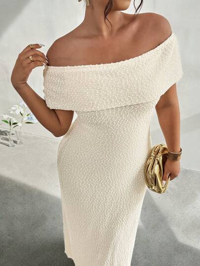 Firerie Plus Size Women's Elegant Sophisticated Romantic Off Shoulder Textured Fitted Mermaid Dress, Apricot, Suitable For Daily & Vacation Wear, Summer