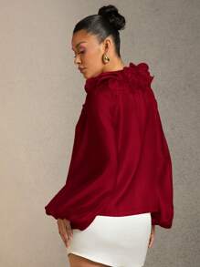 Hauture Women's Solid Color Frill Trim Tie Neck Red Lantern Sleeve Elegant Blouse - Burgundy - View 4