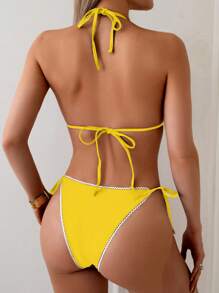 Swim Basics 2 bộ bikini tam giác gợi cảm đơn giản viền ren buộc cổ cho nữ - Màu vàng - Xem 2