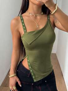 StreetHx 女式夏季金属孔眼不对称下摆修身吊带背心 - 軍綠色 - 查看 1