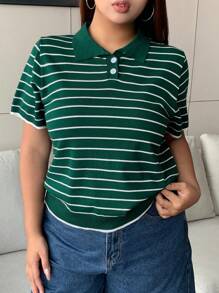 Dazy Plus Top de punto de manga corta con cuello de polo a rayas, suelto, para verano
