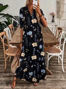 EMERY ROSE V领印花荷叶边下摆休闲假日中长连衣裙（带抽绳）