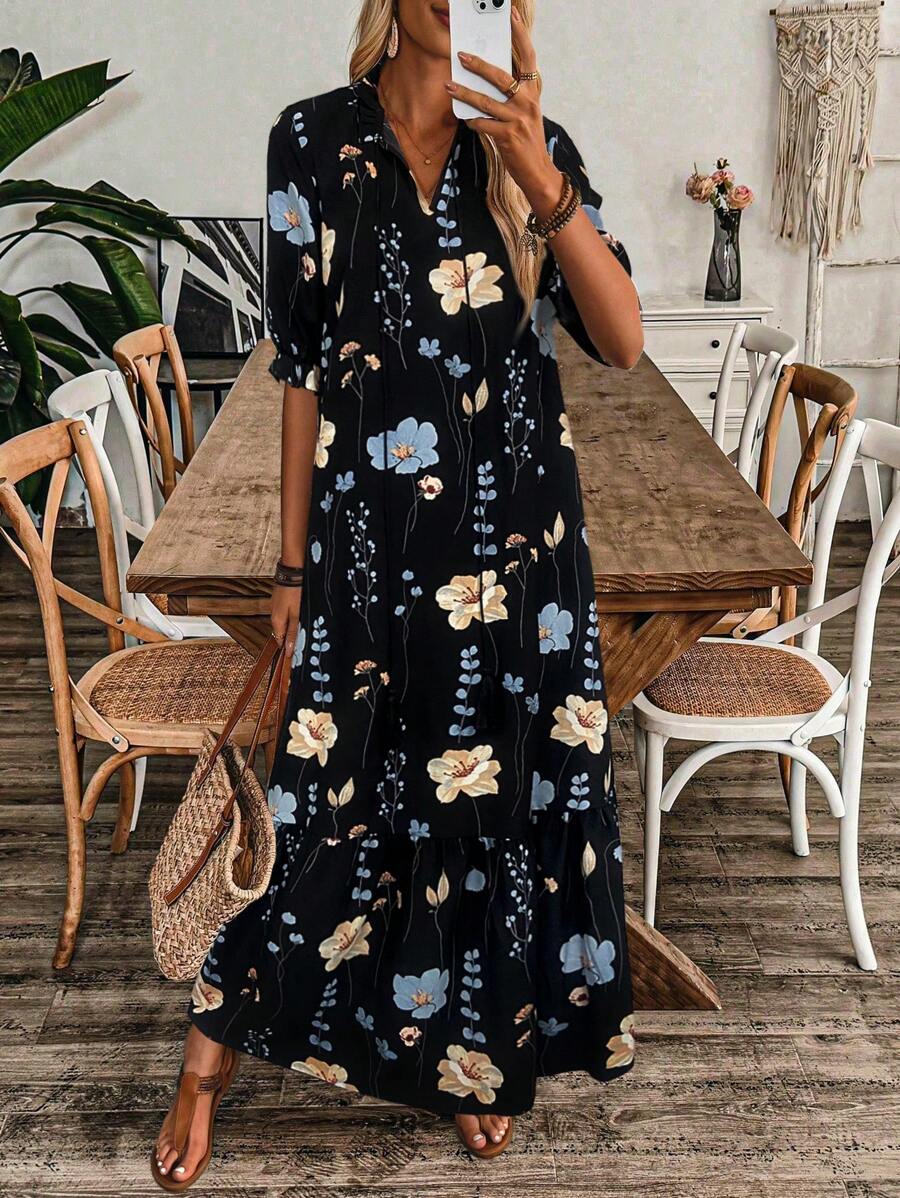 EMERY ROSE V领印花荷叶边下摆休闲假日中长连衣裙（带抽绳）