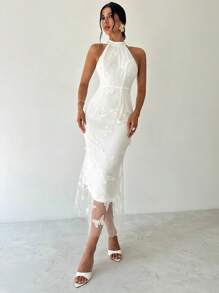 Firerie 女士优雅浪漫精致约会派对节日舞会礼服，蝴蝶 3D 网眼无袖露背白色长裙，毕业礼服 - 白色 - 查看 6