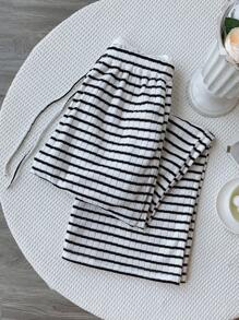 Comfortcana Women's Knit Striped Lace Waist Hem Loose Wide Leg Pants - Black and White - View 2