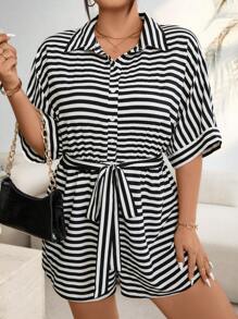 Flirla Plus Size Boho Casual Black And White Stripe Romper, For Summer Travel - Black and White - View 5