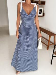 SHEIN Vestido largo de mujer para primavera y verano con hombros con lazo, alegre, para viaje y vacaciones, estampado de cuadriculado, corte evasé