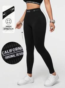SHEIN Essnce California Embroidered Letter Patch Casual Sports Style Knit Leggings For Women, Suitable For Workout Fall Clothes Winter Clothes Women's Sportswear Yoga Pants Plus Size High Stretch Leggings Curve Plus Size Leggings Leggings Plus Size Plus Size Leggings