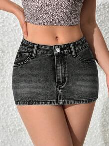 SHEIN PETITE Jupe en jean moulante courte avec décoration de poche, style décontracté pour femme - Noir - Voir 6