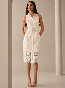 Lilora Vestido de encaje de longitud media con cuello de camisa sin mangas, elegante y bordado con diseño calado, adecuado para ir a trabajar, uso diario y fiestas, con estilo urbano, romántico y elegante para salir - Albaricoque - Ver 6