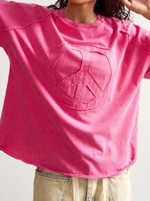 Bohemela Tricou casual de culoare solidă tricotat cu guler rotund, mânecă scurtă, lejer, stil uzat, pentru femei - Roz - Vizualizare 2