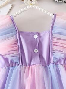 SHEIN 女婴夏季韩版修身可爱粉色雪纺拼接彩色网纱荷叶边蝴蝶结装饰连体连衣裙 - 紫色 - 查看 7