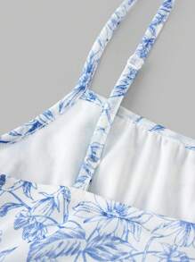 SHEIN Girlism Đầm mini giản dị không tay in họa tiết hoa lưới hai lớp co giãn nhún bèo nhún cho bé gái tuổi mới lớn - Màu xanh lam - Xem 3