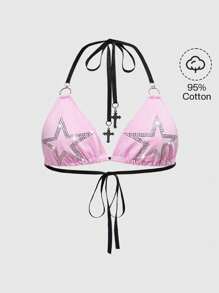 ROMWE Top de bikini color rosa pálido con impresión de estrella de rhinestone, estilo Grunge rock de festivales musicales Y2K de los años 2000 - Rosa - Ver 1