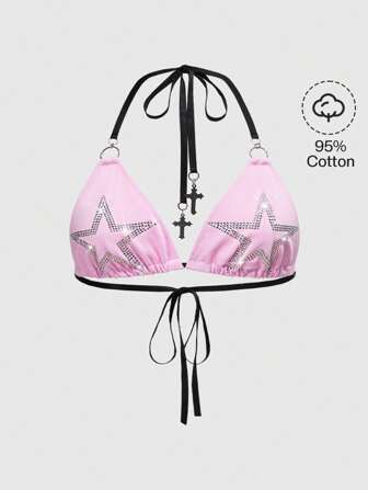 Y2K Musik Festival Grunge Rock 2000er Strass Stern Muster hell rosa Bikini Top