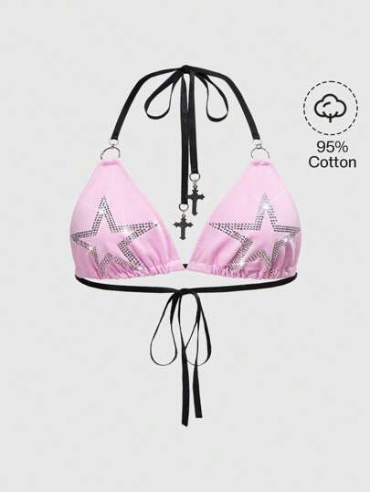 Y2K Musik Festival Grunge Rock 2000er Strass Stern Muster hell rosa Bikini Top