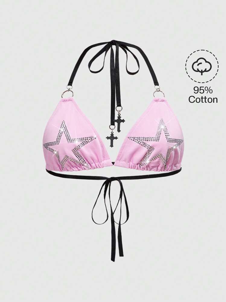 ROMWE Y2K Music Festival Grunge Rock 2000s Rhinestone Star Print Light Pink Bikini Top - Pink - View 1