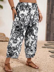 SHEIN Clasi 大码女式花卉印花口袋锥形休闲七分裤