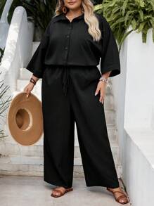 SHEIN CURVE+ 加大码海岛度假村白色纹理面料翻领短袖束腰阔腿连体裤，休闲百搭宽松连体衣夏季/乡村/海滩度假装/沙滩装/沙滩装 - 黑色 - 查看 5