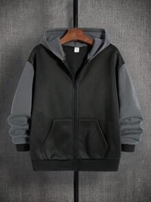SHEIN 舒适涤纶拉链卫衣，适合青少年男孩，落肩设计，带帽。适合秋冬季穿着。 - 黑色 - View 3