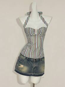 SHEIN ICON Striped Backless Halter Neck Top, Summer - Multicolor - View 8