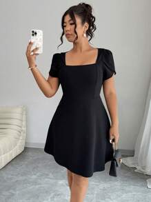 Elenzga Abito elegante estivo di taglia grande in colore nero tinta unita, con decorazione fiocco e schiena scoperta - nero - Visualizzare 3