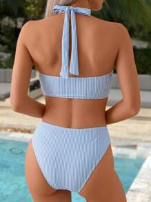 Swim Mod 2pcs/Set Women Summer Springbreak Striped Random Print Cross Backstring Bikini Top And Splice Swimwear Bottoms