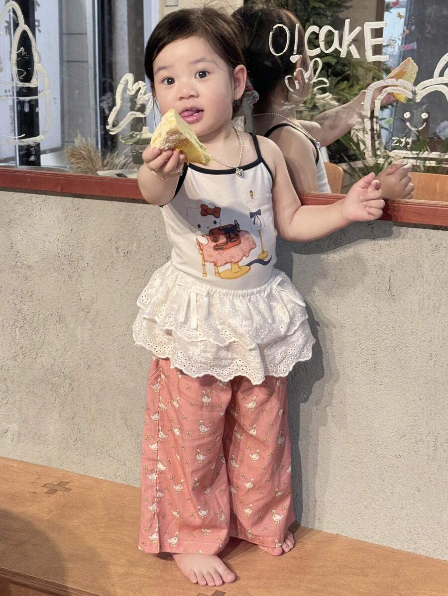 Dazy Kids 女婴（婴儿/幼儿）可爱韩版休闲荷叶边系带裙蕾丝裤，夏季 - 白色 - 查看 1