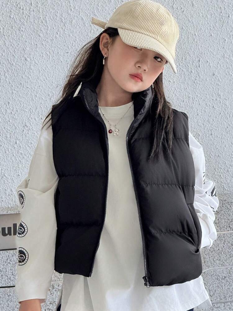 Tween Girls' Sleeveless Solid Color Padded Vest, Casual For Winter