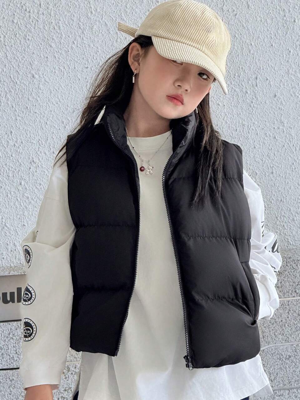 Tween Girls' Sleeveless Solid Color Padded Vest, Casual For Winter