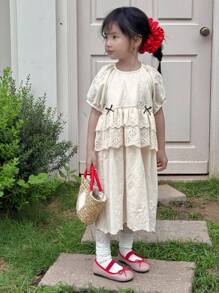 DAZY Young Girls Round Neck Short Sleeve Casual Dress, Young Girl Autumn Clothes - Apricot - View 4