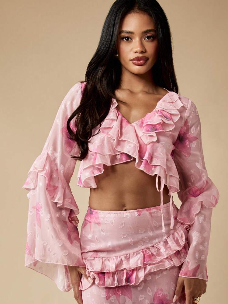 MISSGUIDED Floral Burnout Ruffle Crop Wrap Blouse Bell Sleeve Summer Resort Wear Festival Top Beachwear Boho Chic Spring Party Top