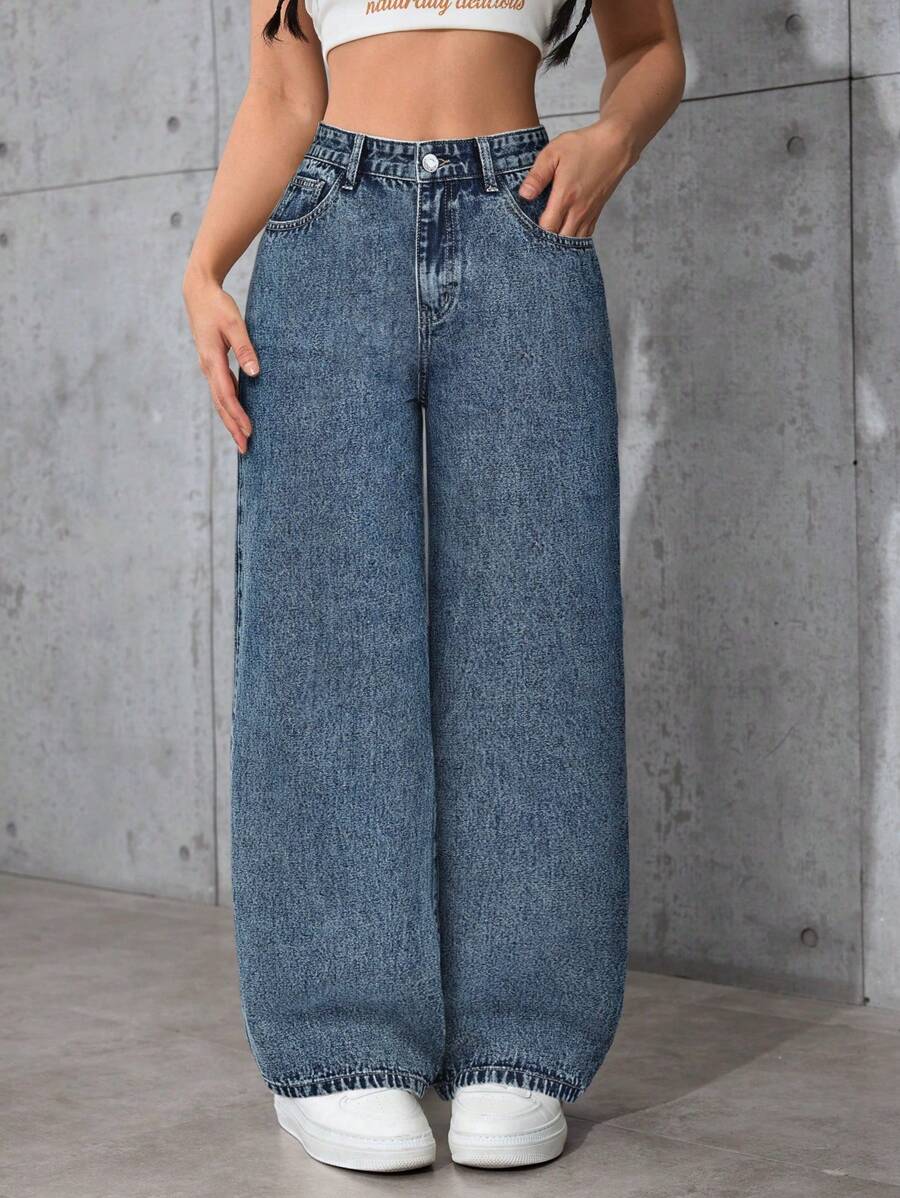 SHEIN PETITE 女士宽松口袋装饰阔腿休闲百搭牛仔裤 - 藍色 - 查看 1