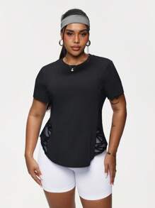 Rhythm Era Plus Size Women's Crew Neck Short Sleeve Geometric Mesh Splice Sports T-Shirt, Workout Top Gym Shirts - Black - View 4