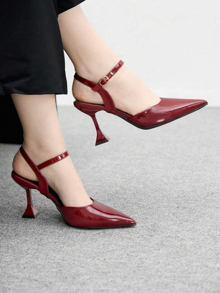 CUCCOO BIZCHIC Zapatos de tacón alto y puntiagudos para mujer, zapatos elegantes y versátiles de vestir en color rojo vino con diseño hueco